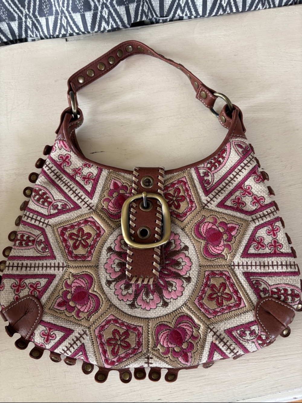 Isabella Fiore Pink and Brown Embroidered Shoulder Bag